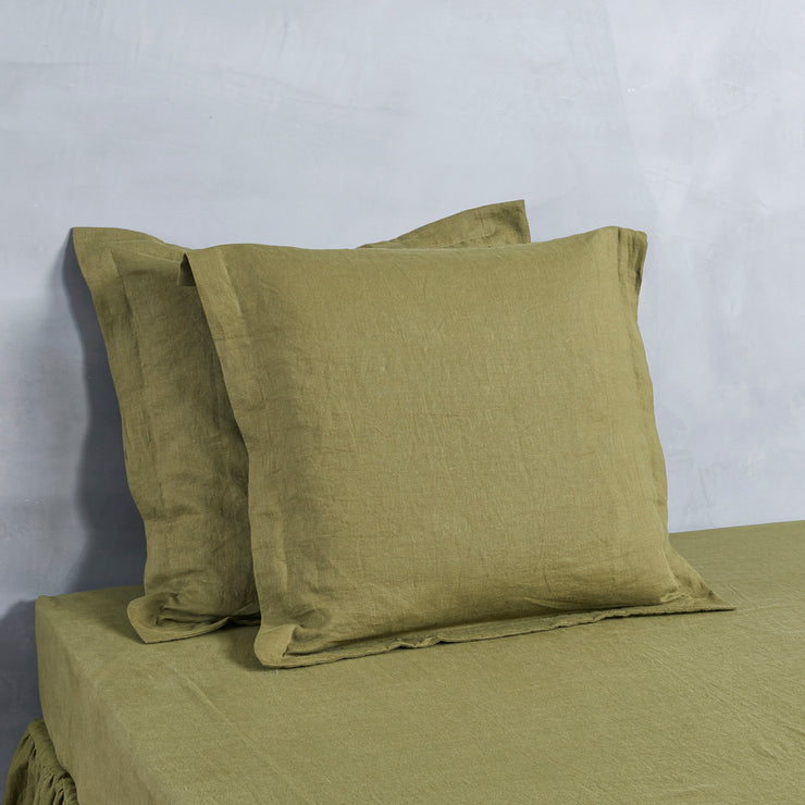 Rectangular Flanged Pillowcases Green Olive - Linenshed