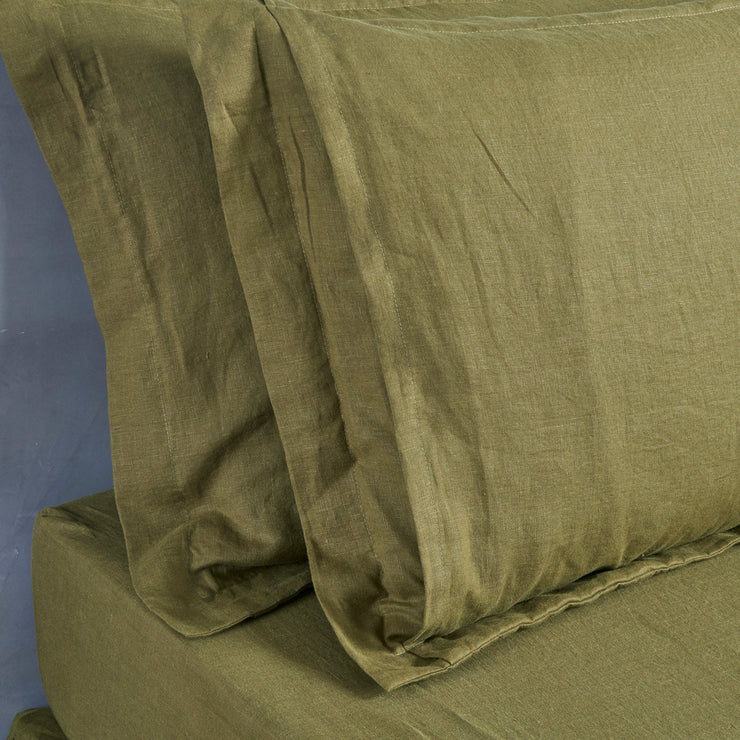 Close Up Flanged Linen Pillowcases Green Olive - Linenshed