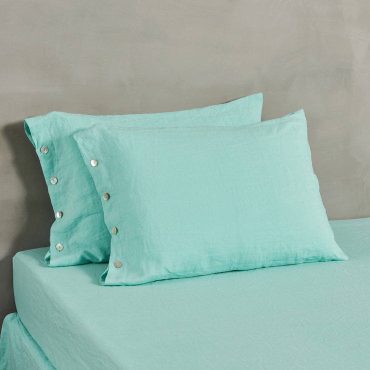 Aqua Green Side Buttoned Linen Pillowcases - Linenshed