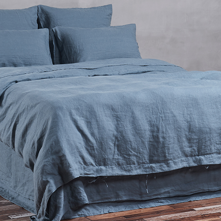 Side View of French Blue Linen Duvet Cover-Linenshed