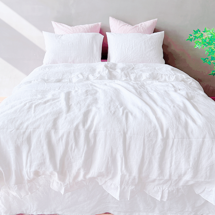 Front View Of White Linen Ruffle Duvet Cover - linenshed