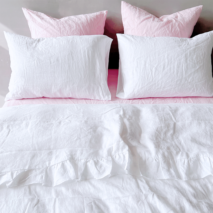 Top View Of White Linen Ruffle Duvet Cover - linenshed 