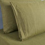Detail of Linen Pillowcases Green Olive - Linenshed
