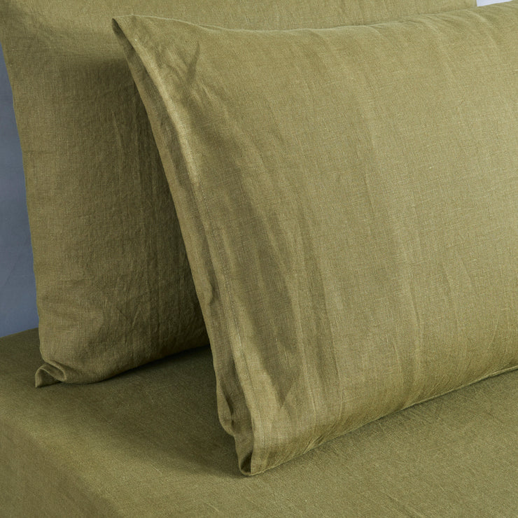 Detail of Linen Pillowcases Green Olive - Linenshed