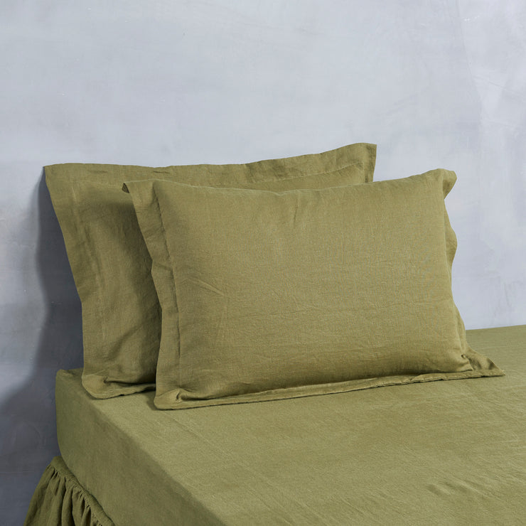 Flanged Linen Pillowcases Green Olive - Linenshed