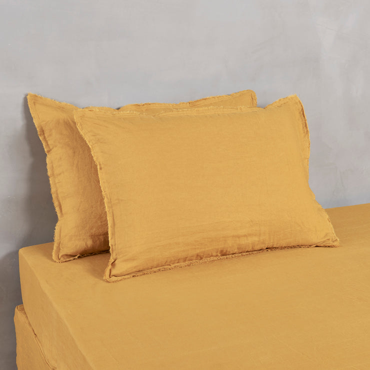 Frayed Edge Linen Pillowcases Mustard - Linenshed