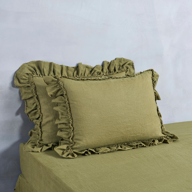 Frayed Ruffle Linen Pillowcases Geen Olive - Linenshed
