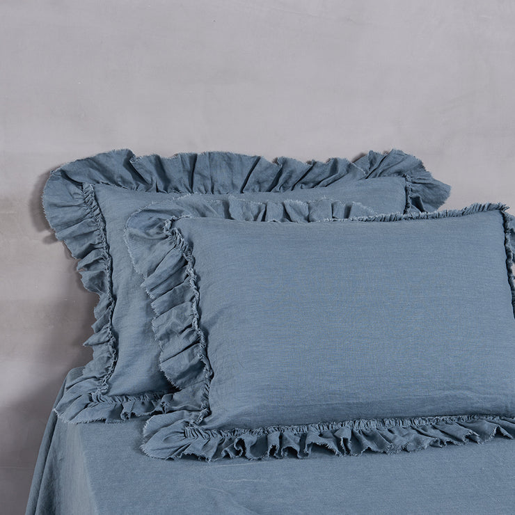 Frayed Ruffle Linen Pillowcases French Blue - Linenshed