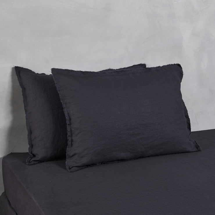 Raw Edge Linen Pillowcases Black - Linenshed