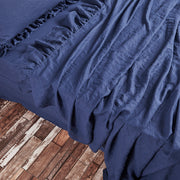 Indigo Blue Ruffled Border Linen Flat Sheet - Linenshed