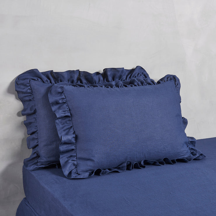 Ruffled Border Linen Pillowcases Indigo Blue - Linenshed