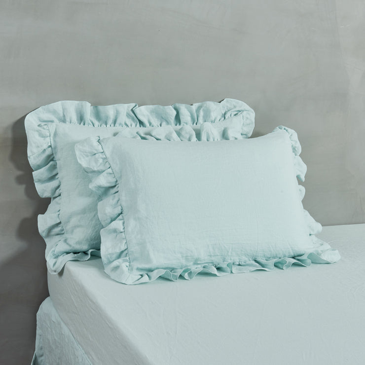 Icy Blue Linen Ruffled Border Linen Pillowcases - Linenshed