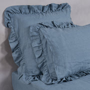 Ruffled Border French Blue Linen Pillowcases - Linenshed