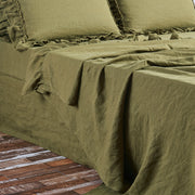 Ruffled Border Linen Top Sheet Green Olive - Linenshed