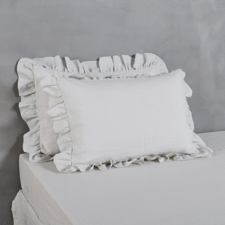 Stone Grey Ruffled Border Linen Pillowcases - Linenshed