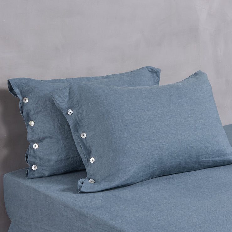 French Blue Linen Side Buttons Pillowcases - Linenshed