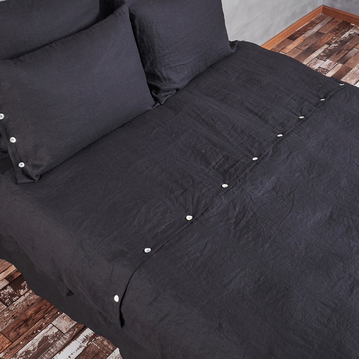Black Linen Duvet Cover Top Buttoned Back - Linenshed