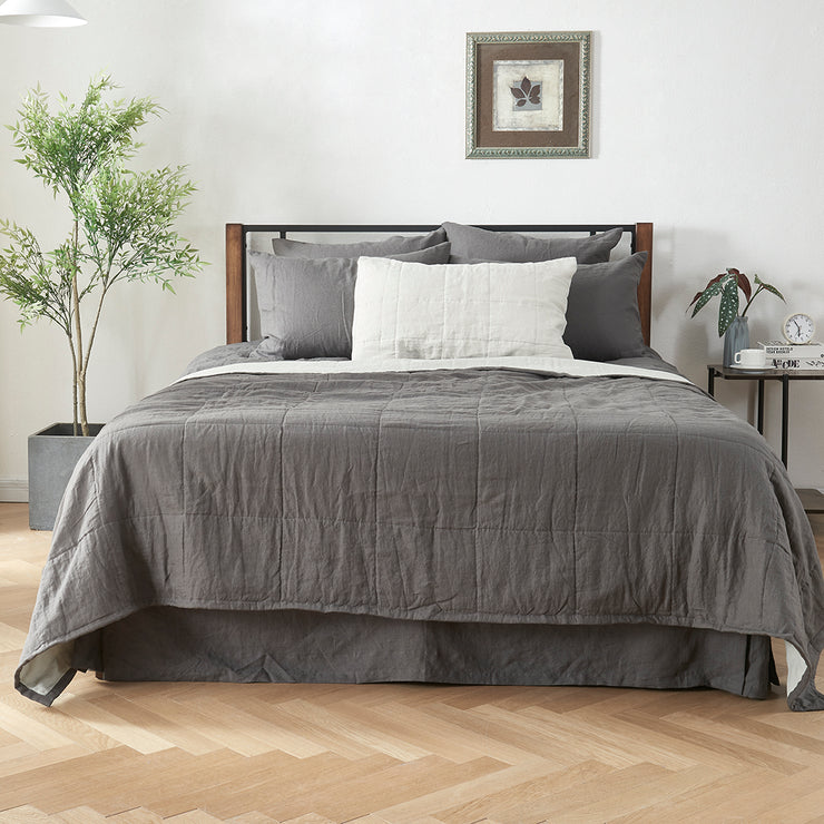 Quilted Linen Bedspread Lead Grey - Linenshed
